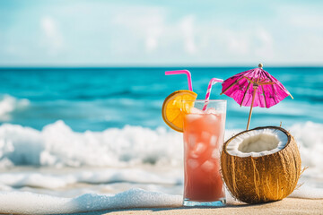 A pair of beach cocktails in a glass and in a coconut, generated AI