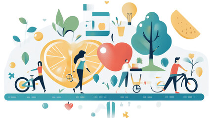Illustration showing people riding bikes, a large heart, fruit slices, a tree, and wellness-related icons symbolizing health and an active lifestyle.