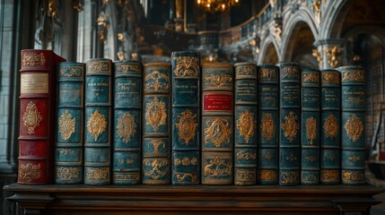 Aged books lined up on a dark wooden shelf, gilded decorations