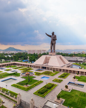 Tall statue of newly built Dr. B. R. Bhimrao Ramji Ambedkar holding Indian constitution, who chaired the committee that drafted the Constitution of India.