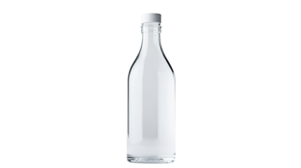 Clear glass bottle with a white cap containing transparent liquid, designed in a simple, classic shape.