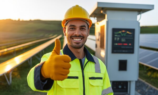 Smiling male engineer in safety gear giving thumbs up at solar power field