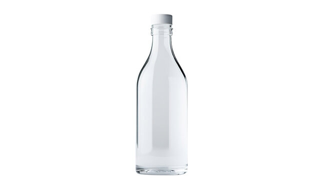Clear glass bottle with a white cap containing transparent liquid, designed in a simple, classic shape.