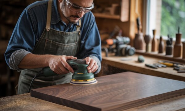 Skilled carpenter sanding dark wood plank with orbital sander in a workshop - Powered by Adobe