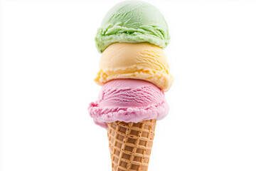 A waffle cone filled with three layers of different ice cream, generated AI