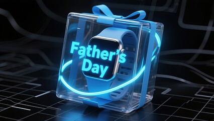 A high-tech blue smartwatch displayed in a transparent gift box with blue ribbon bow set against a dark geometric background highlighting the "Father's Day" screen message for modern tech gifts