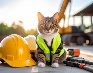 Cute cat wearing tiny safety ves. Adorable feline donning miniature protective garment animal security precaution kitten vest.