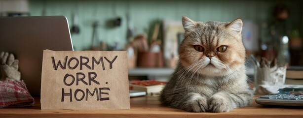 A cat resting on a table, a sign reads "Worry Or. Home