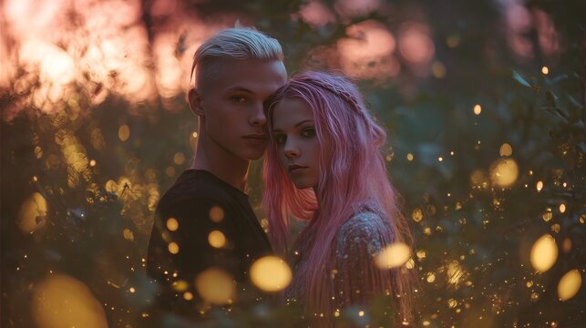 man with a bleach blond undercut and a woman with long pink and purple hair, standing together in an enchanted forest clearing