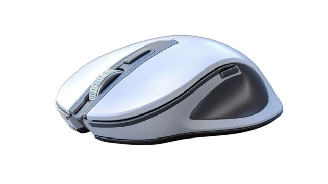 A sleek, modern computer mouse with a silver and black ergonomic design and a textured scroll wheel.