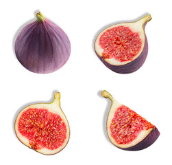 fresh fig set, whole and sliced on transparent background.