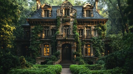 Ancient mansion overgrown with lush greenery