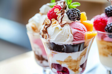 Dessert glass filled with several types of ice cream, generated AI