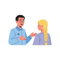 A man and a woman engaged in a friendly conversation, likely discussing something important.