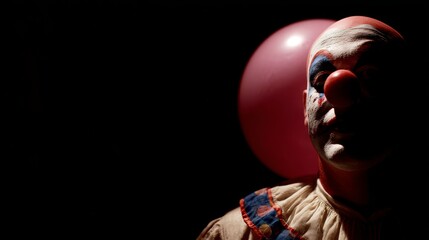 Naklejka premium A clown in the shadows, with a balloon for a head, with copy space