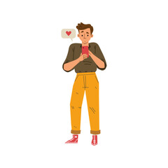Vector Man Checking Phone for Heart Message Online