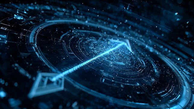 Abstract futuristic blue arrow pointing forward through circular technological interface
