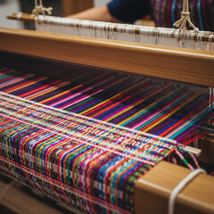 Handweaving colorful threads on loom, face not shown