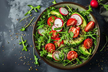 Healthy salad of fresh vegetables - tomatoes avocado arugula, top view