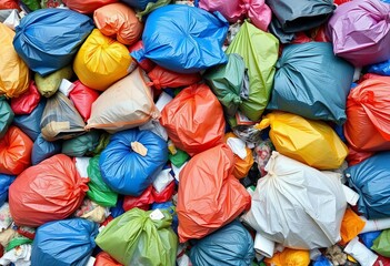 A chaotic pile of overflowing, multicolored garbage bags, some torn, spilling trash,  colorful,  recycling bin
