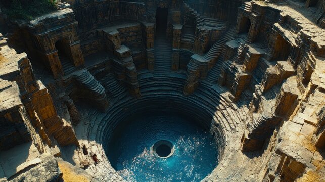 Ancient well, intricate stonework, deep circular pit