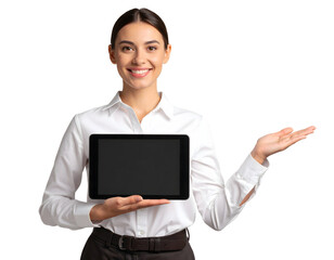 Manager giving presentation with digital tablet, transparent background, for tech