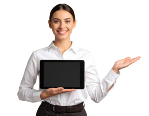 Manager giving presentation with digital tablet, transparent background, for tech