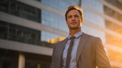 a confident and forward-looking business professional standing in front of a modern office building, dressed in sleek business attire, looking ahead with determination and purpose