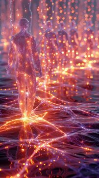 Digital humanoid figures made of glowing, multicolored light strands walk through shallow water in a surreal, sci-fi setting at dusk
