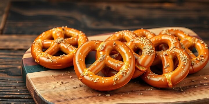 Golden brown pretzels sprinkled with cumin seeds on a rustic wooden board, board, delicious food