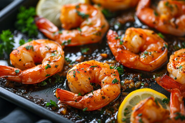Prawns Shrimps roasted on pan with lemon garlic and herbs, selective focus
