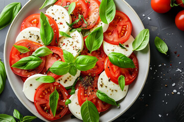 salad caprese with tomato mozzarella and basil, top view