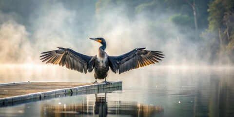 A majestic waterbird with outstretched wings, perched on a tranquil dock amidst the morning mist, creating a serene and peaceful lakeside scene.
