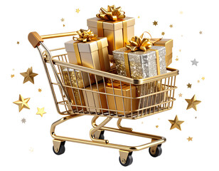 3D Floating Gold Shopping Cart with Luxury Gift Boxes and Confetti, Transparent Background
