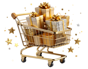 3D Floating Gold Shopping Cart with Luxury Gift Boxes and Confetti, Transparent Background