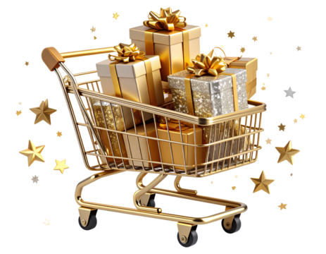 3D Floating Gold Shopping Cart with Luxury Gift Boxes and Confetti, Transparent Background