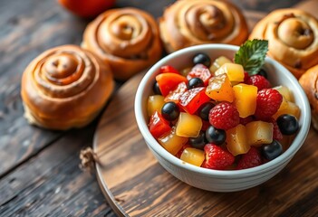 Small bowl of vibrant fruit salad alongside warm, homemade raisin rolls,  raisins,  fruity