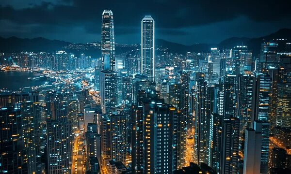 Aerial view of a densely populated city at night with illuminated skyscrapers and distant mountains
