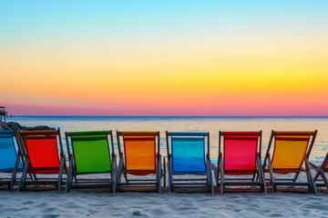 Multicolored beach deck chairs against a sunset background, generated AI