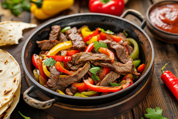 Beef Fajitas with colorful bell pepper in saucepan, selective focus