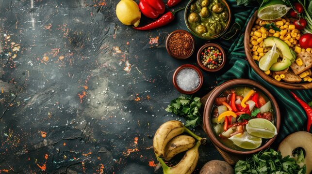 Ecuador independence day celebration with traditional food and ingredients on rustic background. Horizontal banner. Copy space. Free space for text. Traditional food of Ecuador