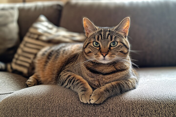 Obraz premium Purring cat on the couch - a cat lying calmly on a sofa, generated AI