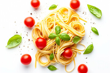 traditional Italian linguini pasta with tomatoes and basil, top view