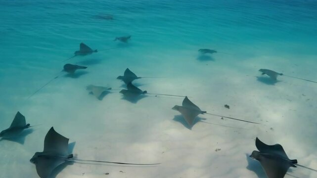 A serene underwater scene featuring multiple stingrays gliding gracefully over sandy seabed