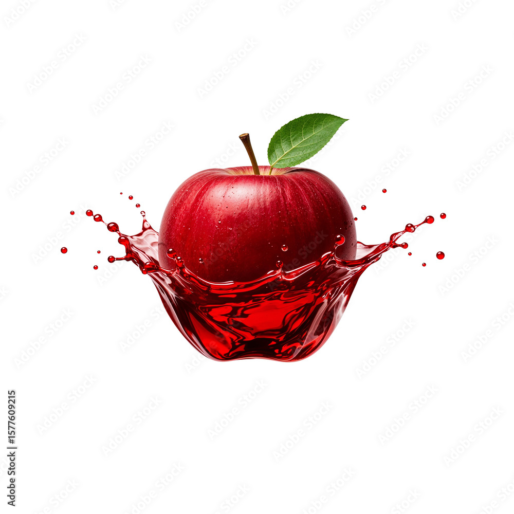 Poster vibrant red apple core splashing into a pool of juice against transparent backdrop