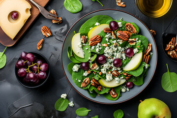salad of spinach pear grape pecan and gorgonzola cheese on table, top view