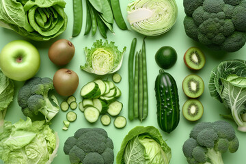 creative layout of cabbage broccoli green beans zucchini, top view