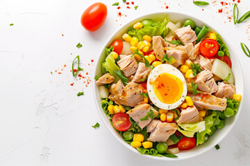 tuna salad with egg vegetables and corn, top view