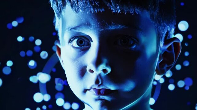 Young boy immersed in a captivating light display at a science exhibition in the evening