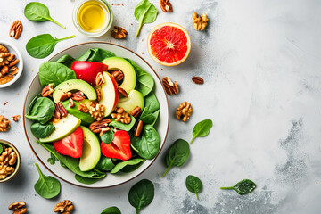 fruit salad with red apple avocado spinach and walnuts, top view